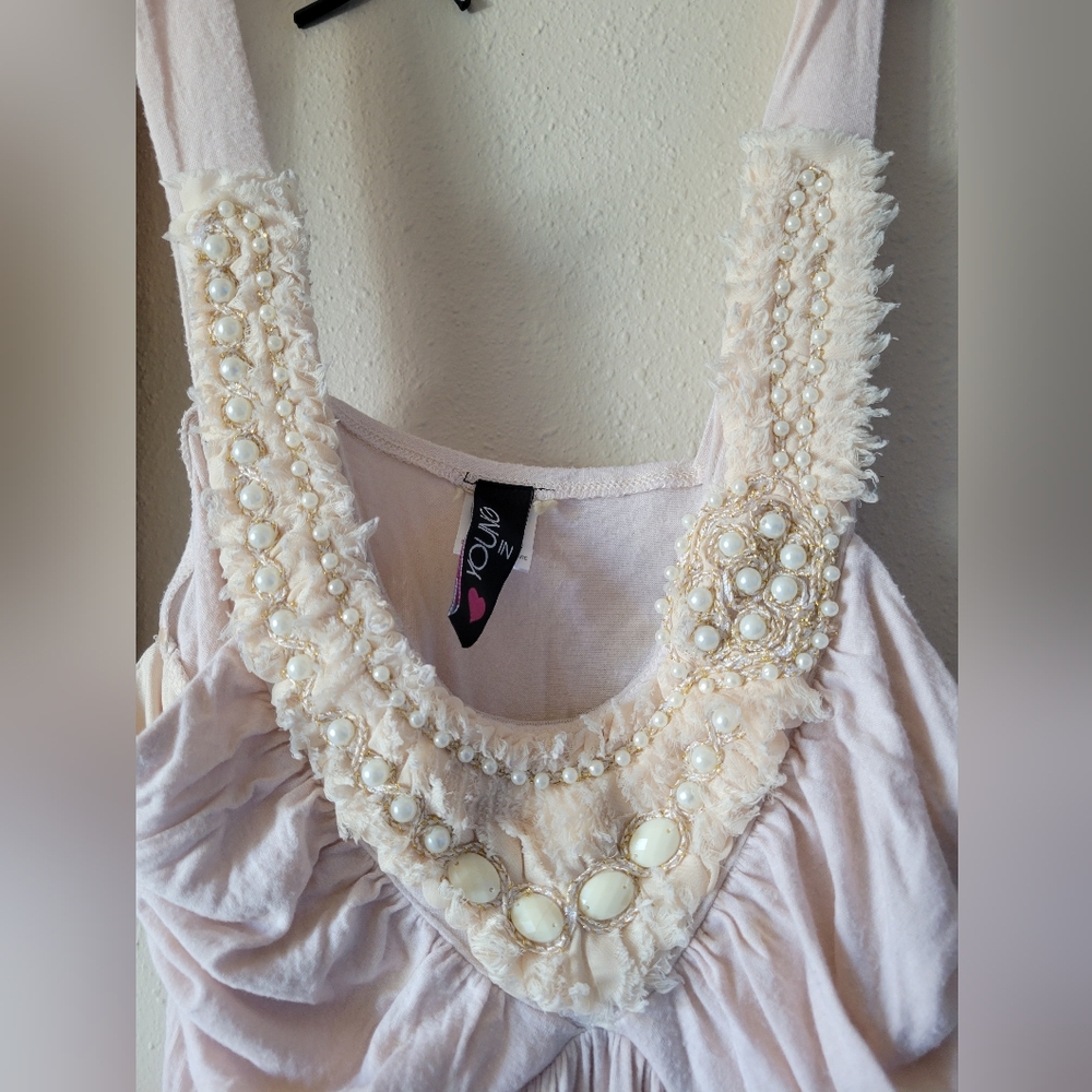 Embellished Cream Ruched Sleeveless Tank Top From The 90s With Pearl Like Decor